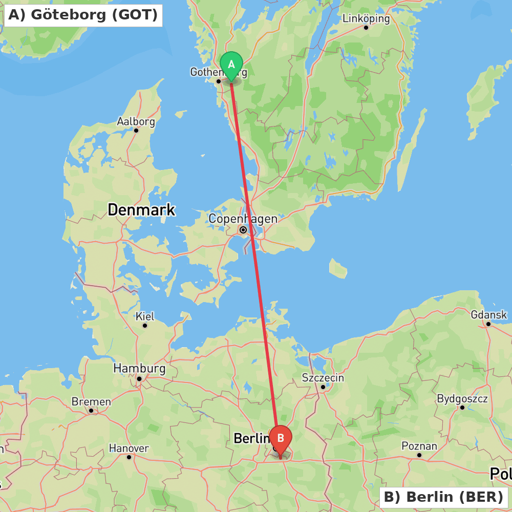 Flight route map from Göteborg to Berlin