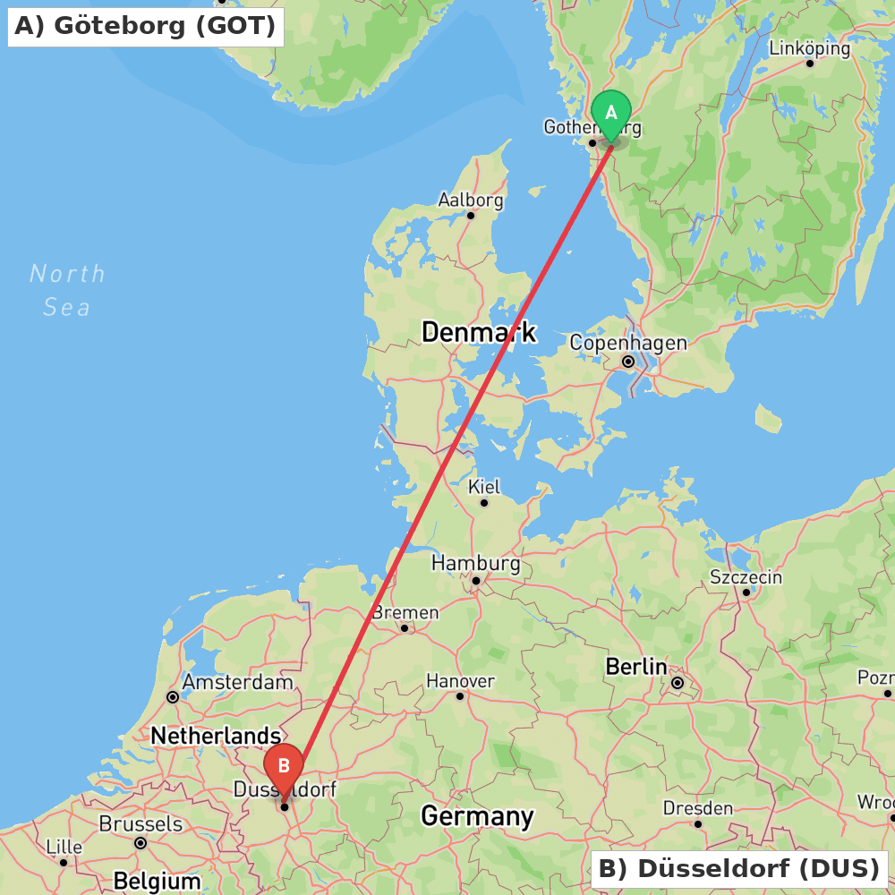 Flight route map from Göteborg to Düsseldorf