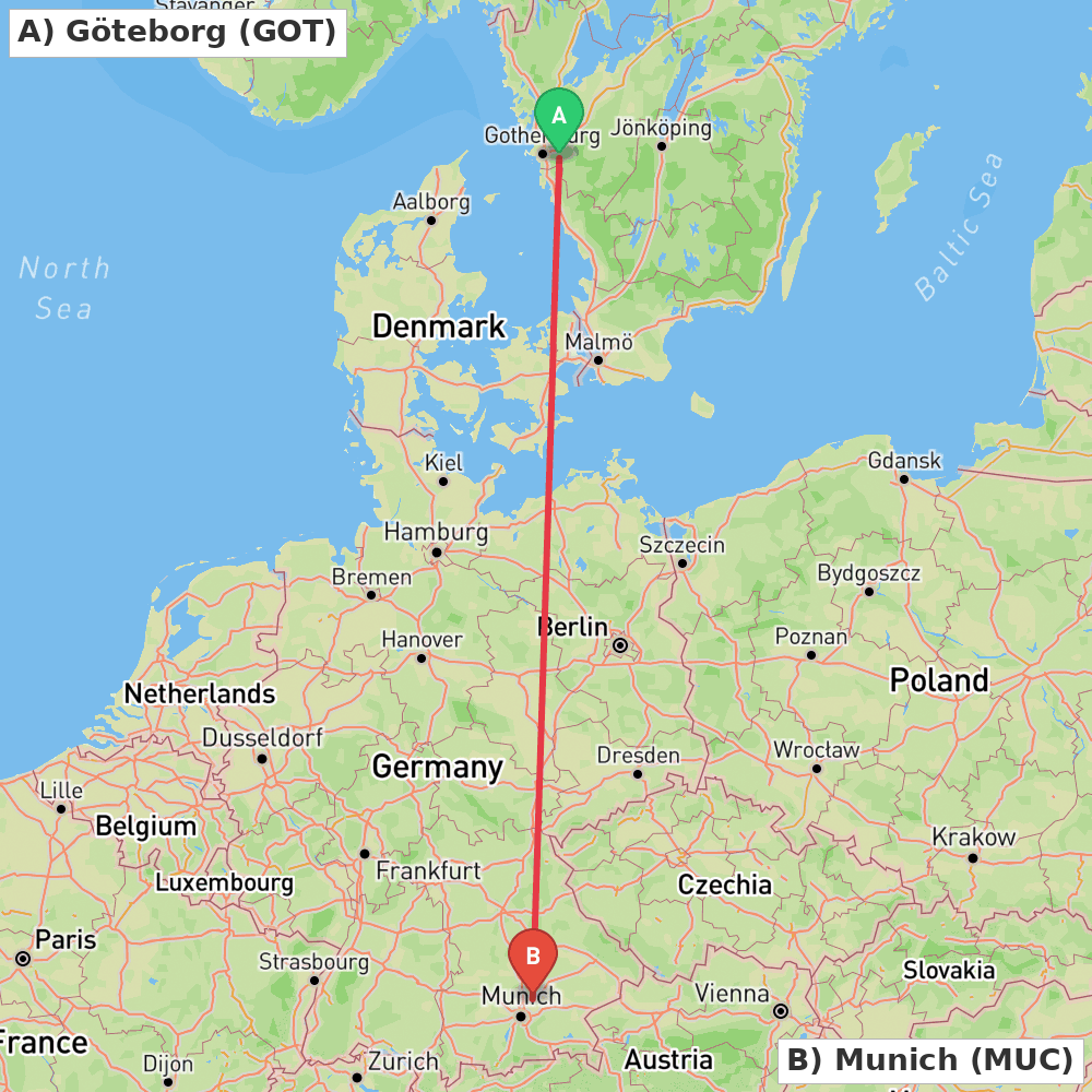 Flight route map from Göteborg to Munich