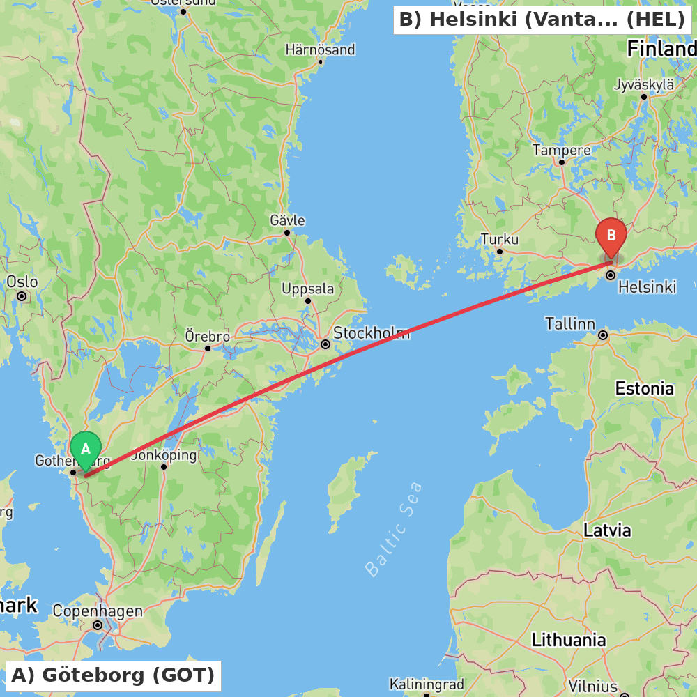 Flight route map from Göteborg to Helsinki (Vantaa)