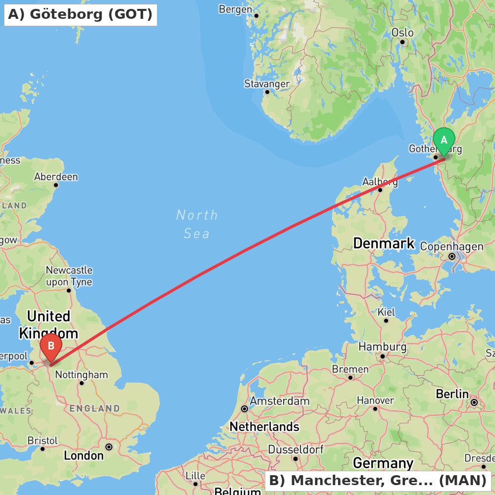 Flight route map from Göteborg to Manchester, Greater Manchester