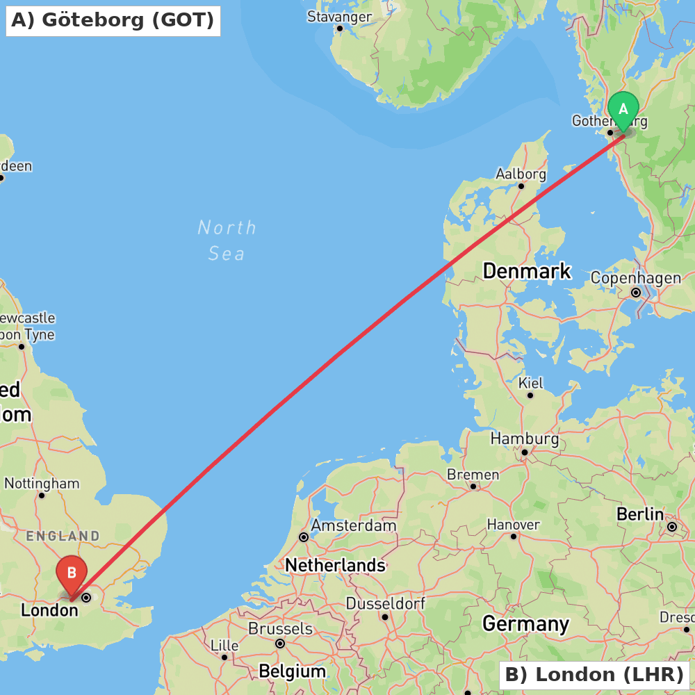 Flight route map from Göteborg to London