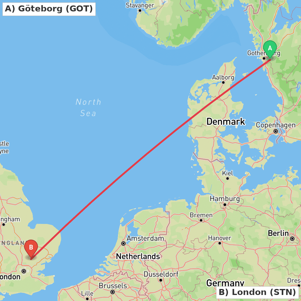 Flight route map from Göteborg to London