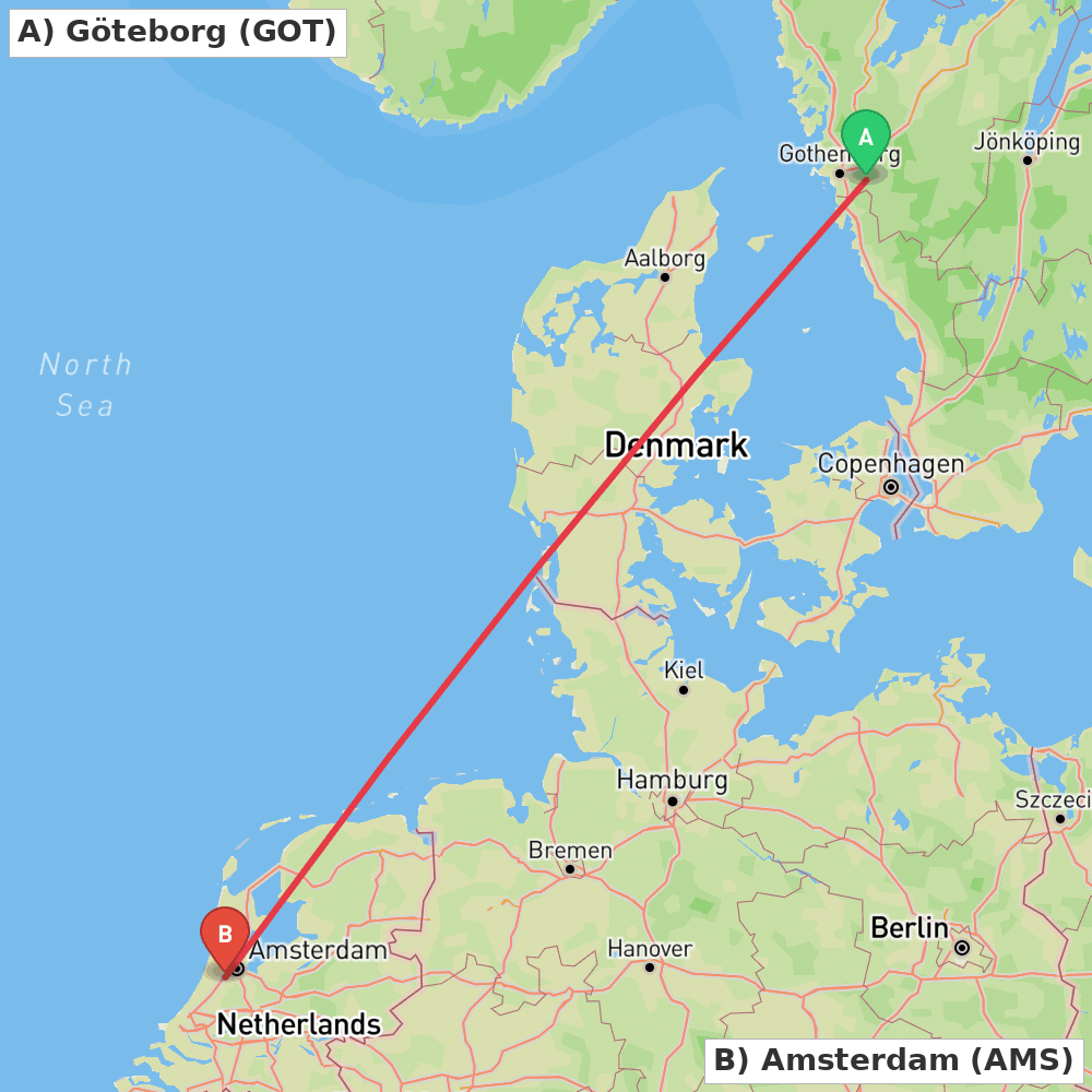 Flight route map from Göteborg to Amsterdam
