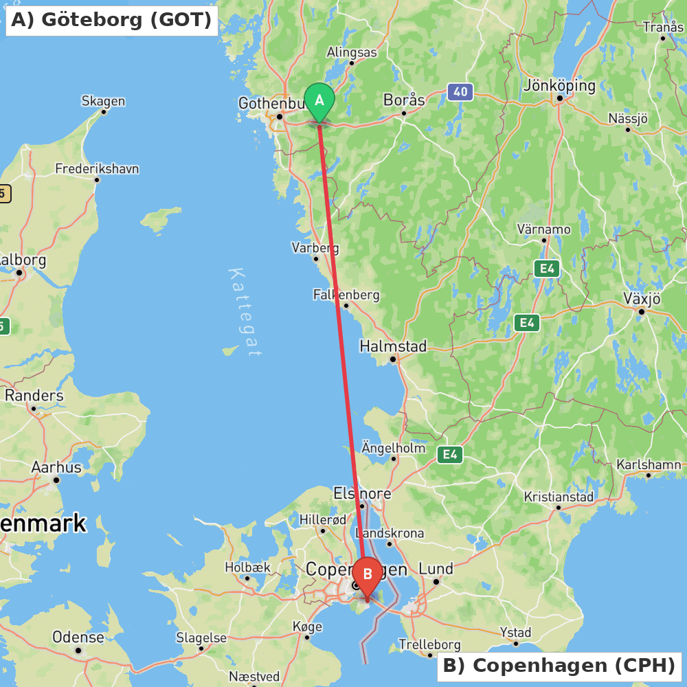Flight route map from Göteborg to Copenhagen