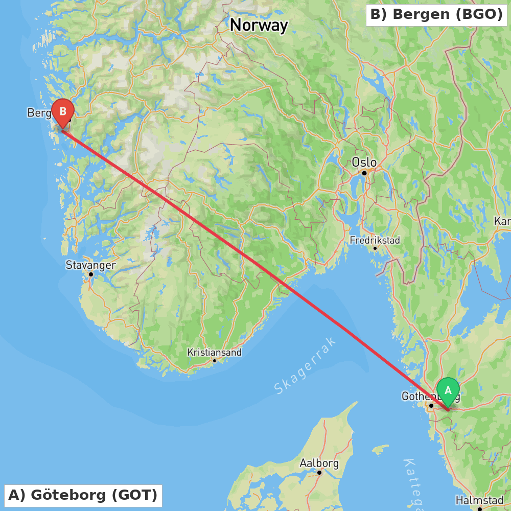 Flight route map from Göteborg to Bergen