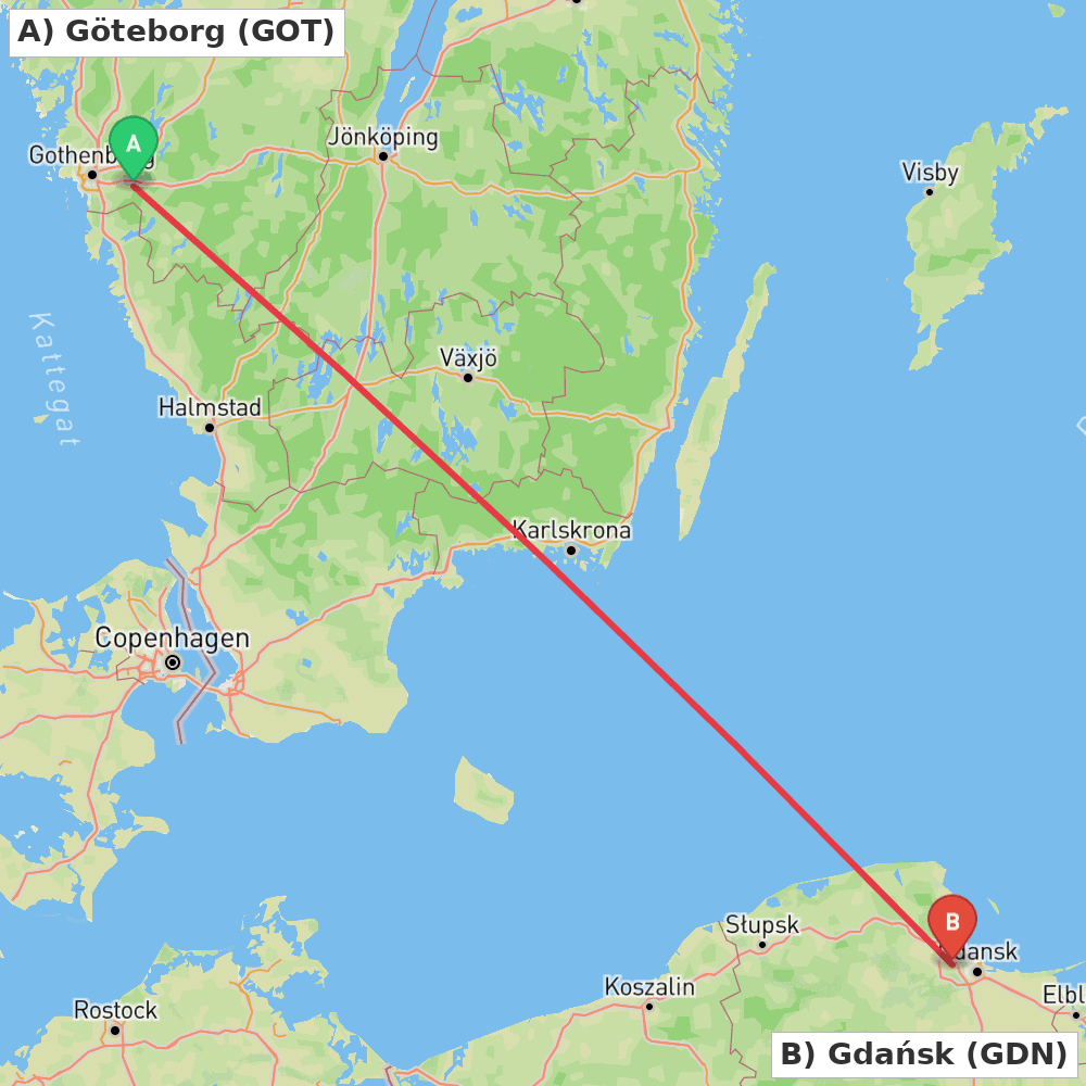 Flight route map from Göteborg to Gdańsk