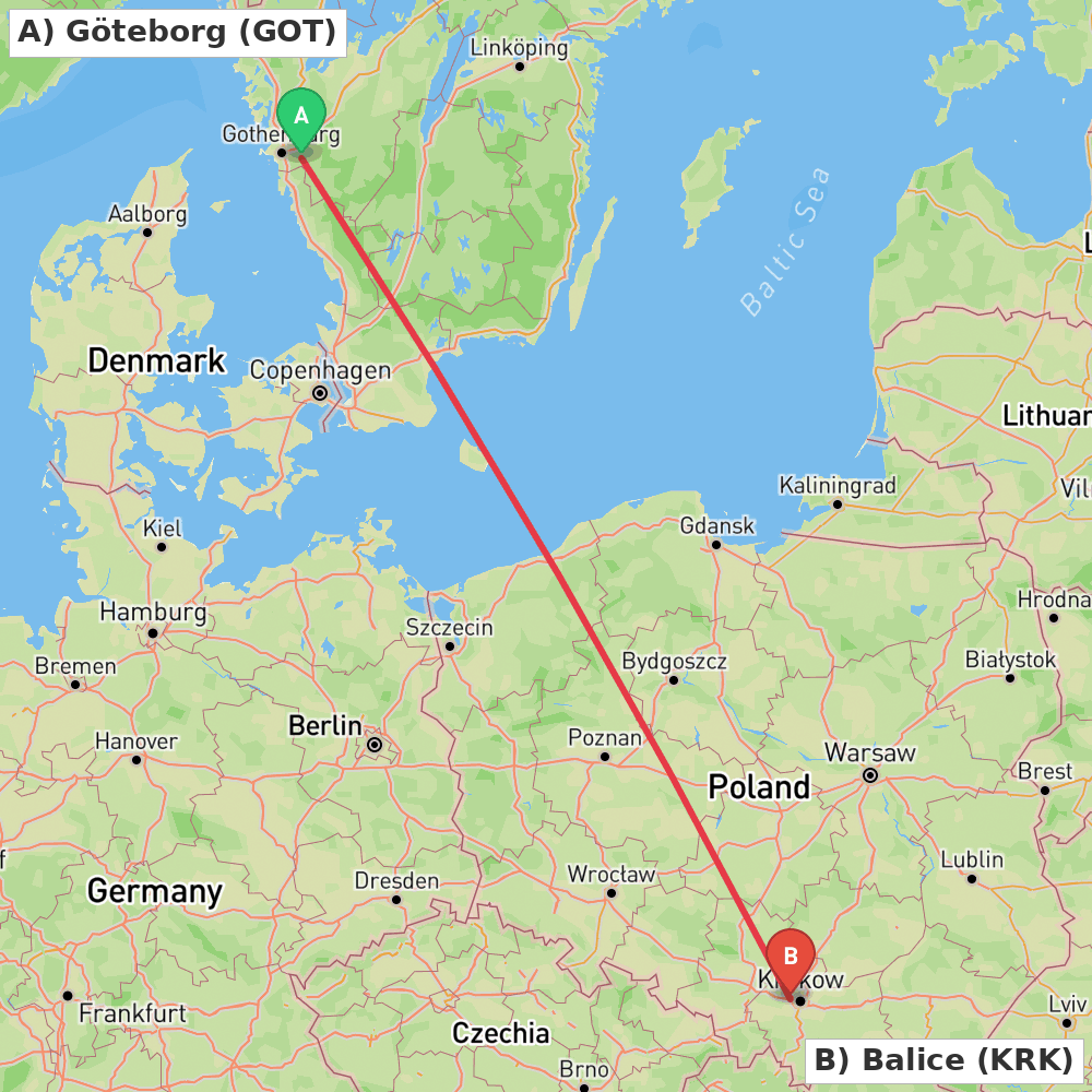 Flight route map from Göteborg to Balice