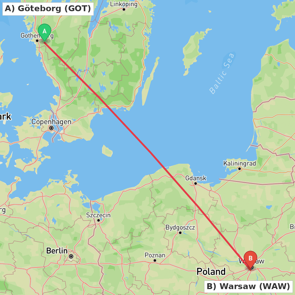 Flight route map from Göteborg to Warsaw