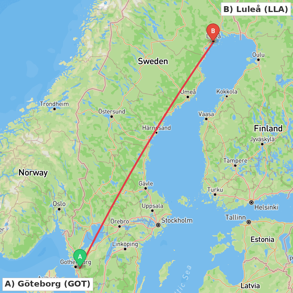 Flight route map from Göteborg to Luleå