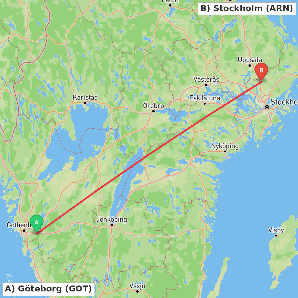 Flight route map from Göteborg to Stockholm
