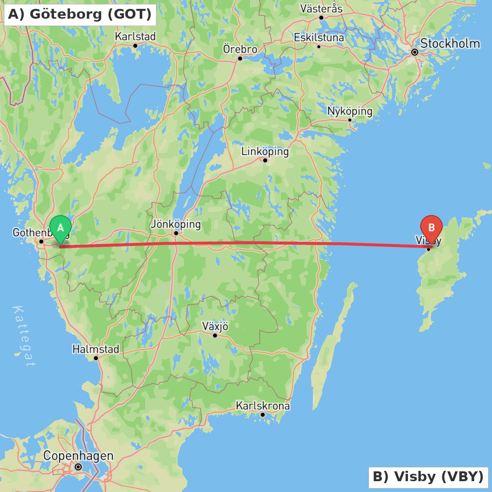 Flight route map from Göteborg to Visby