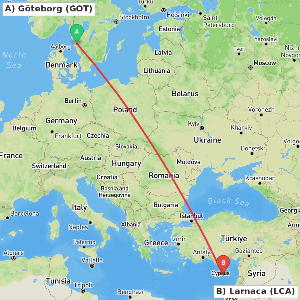 Flight route map from Göteborg to Larnaca