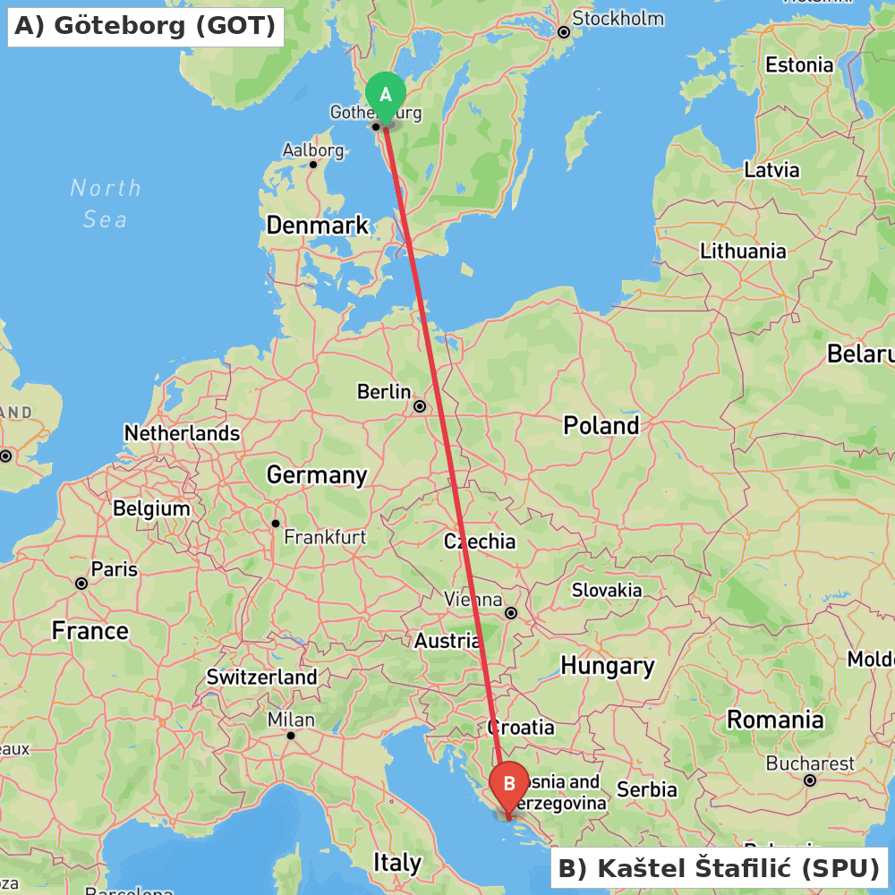Flight route map from Göteborg to Kaštel Štafilić