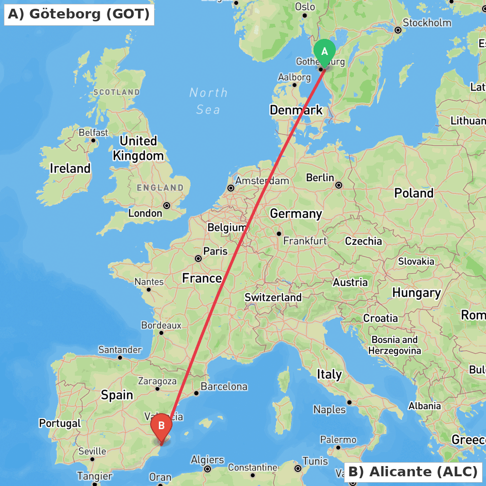 Flight route map from Göteborg to Alicante
