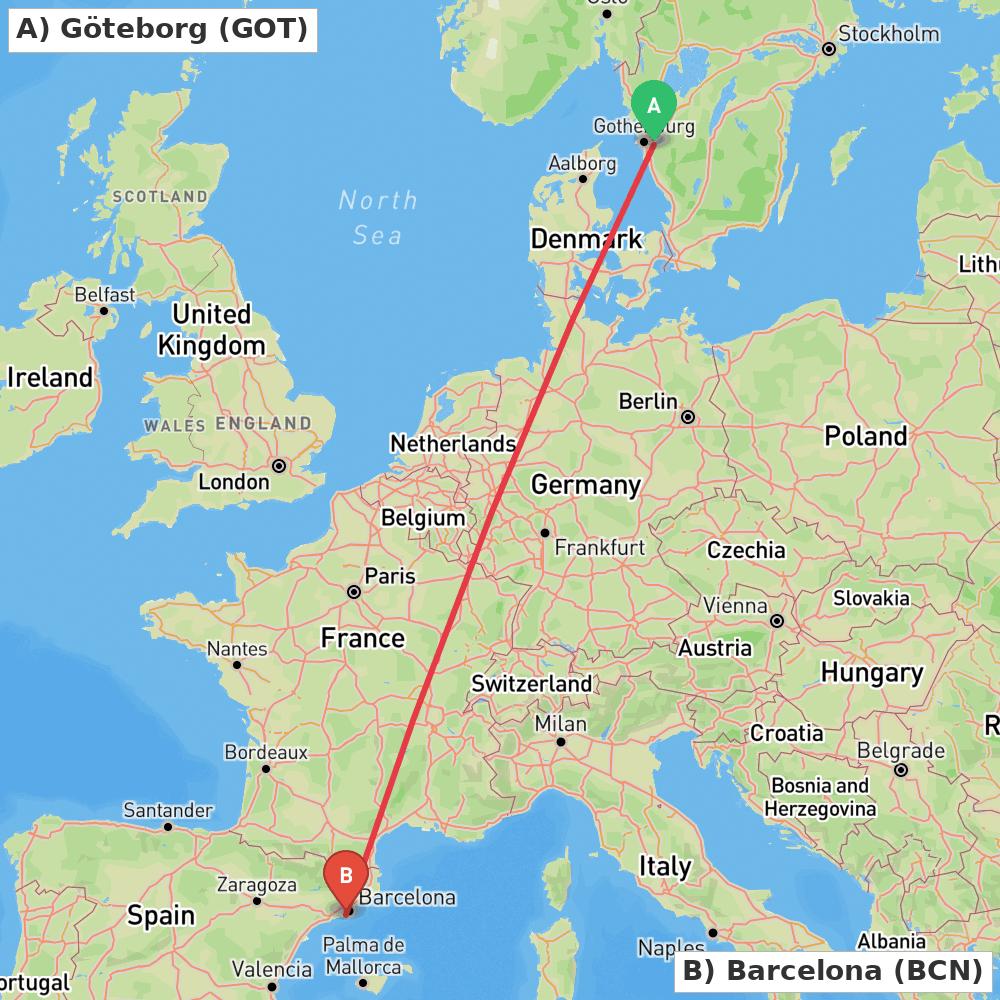 Flight route map from Göteborg to Barcelona