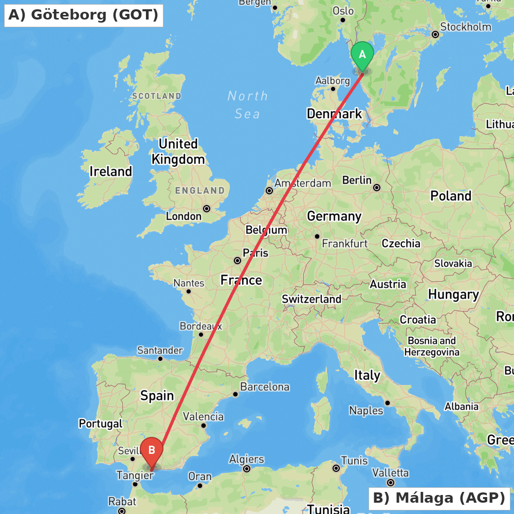 Flight route map from Göteborg to Málaga