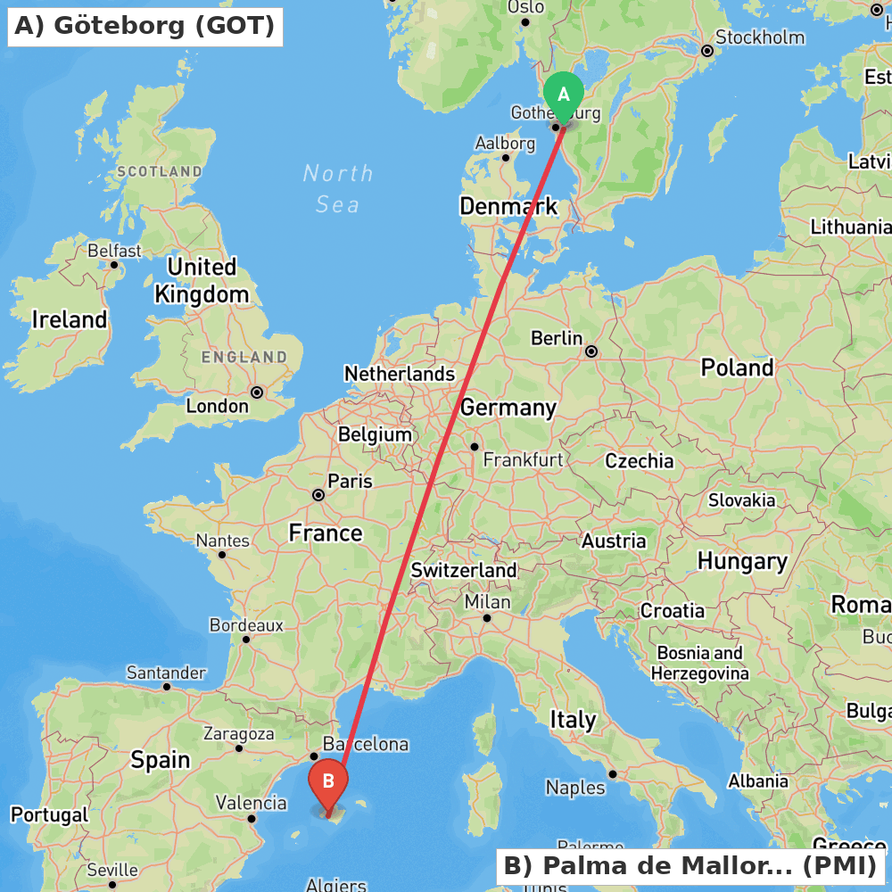 Flight route map from Göteborg to Palma de Mallorca