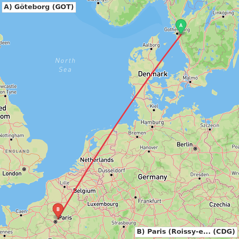 Flight route map from Göteborg to Paris (Roissy-en-France, Val-d'Oise)
