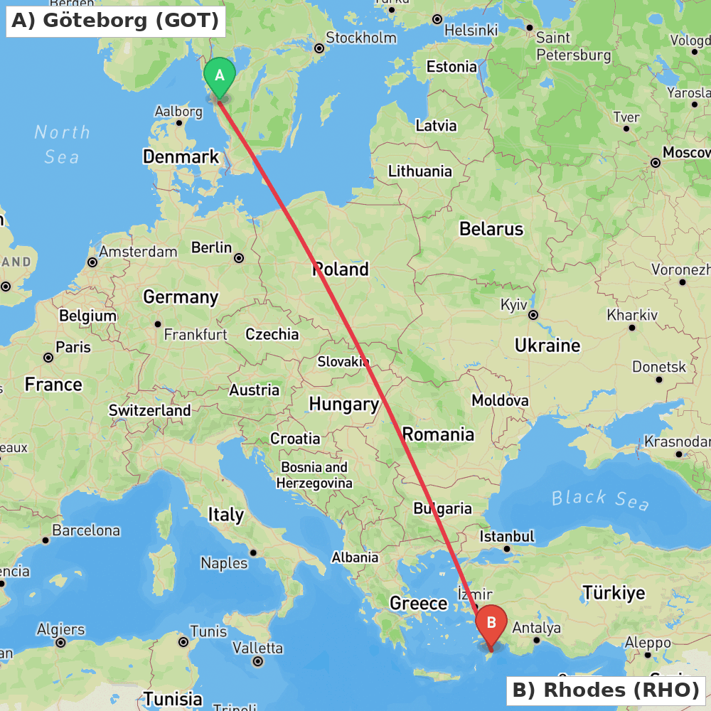 Flight route map from Göteborg to Rhodes