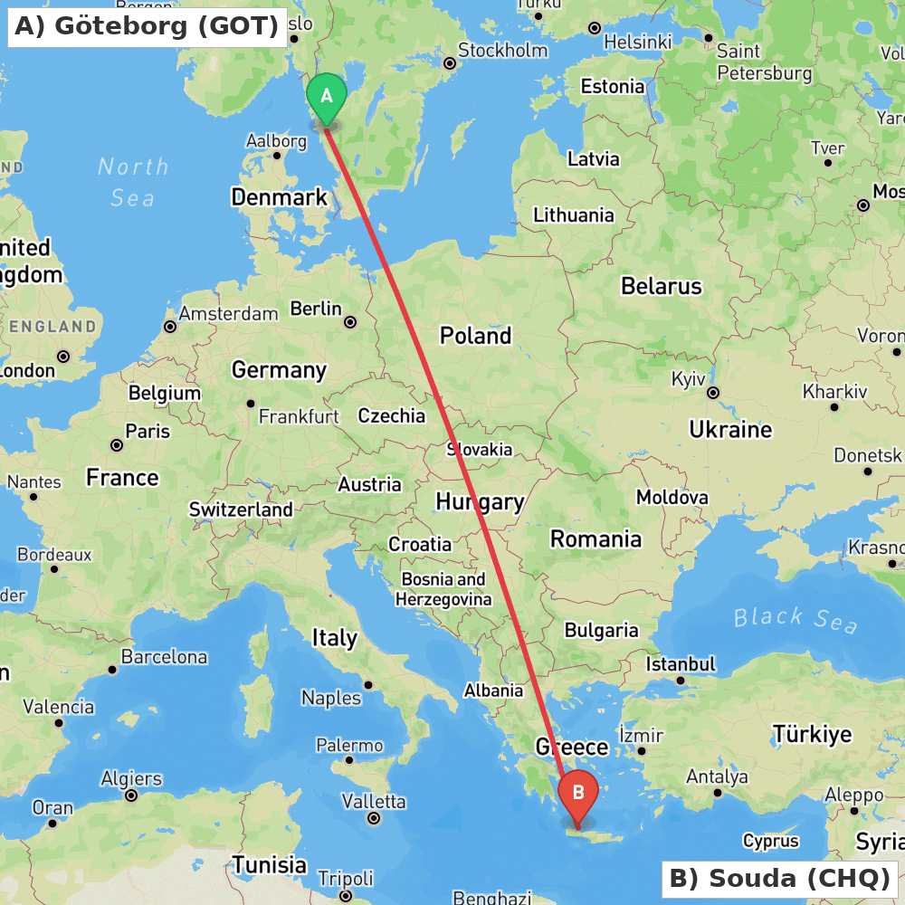 Flight route map from Göteborg to Souda