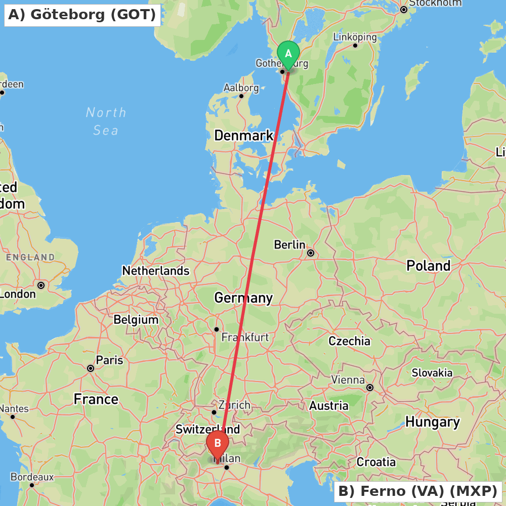 Flight route map from Göteborg to Ferno (VA)