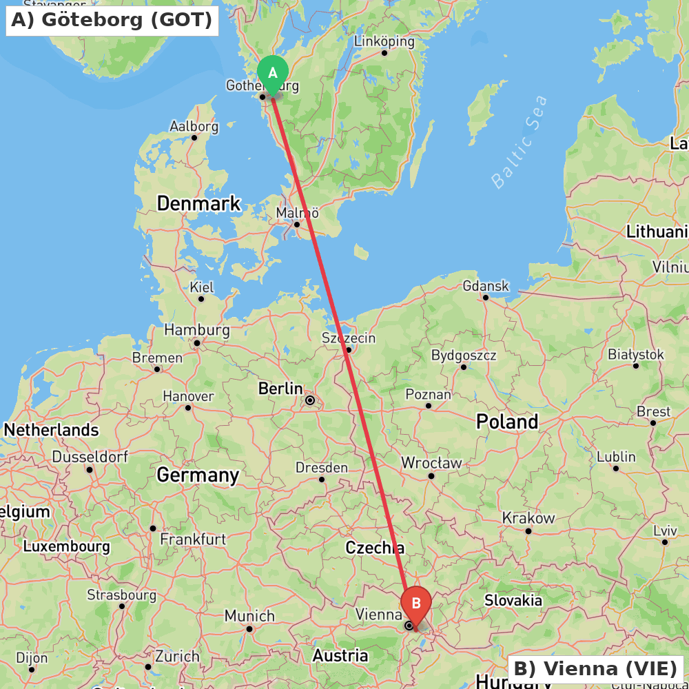 Flight route map from Göteborg to Vienna
