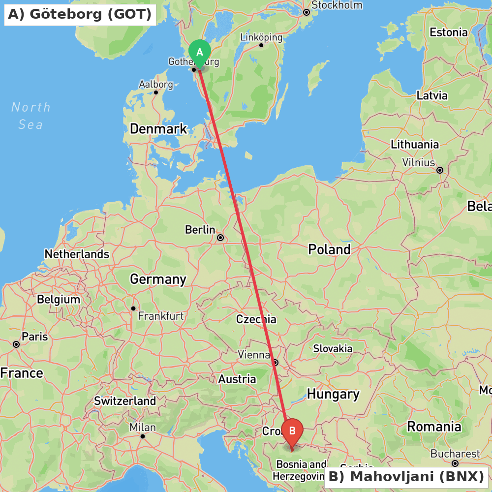 Flight route map from Göteborg to Mahovljani