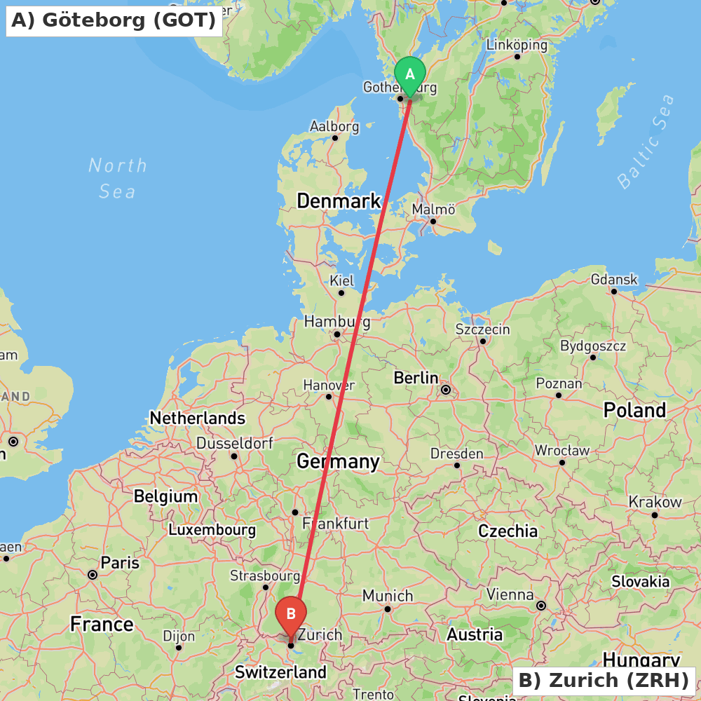 Flight route map from Göteborg to Zurich