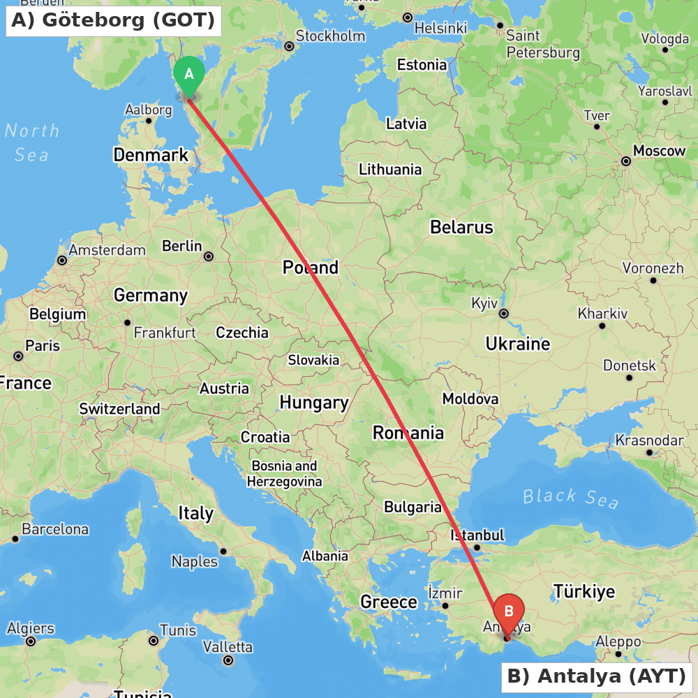 Flight route map from Göteborg to Antalya
