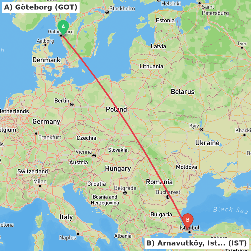 Flight route map from Göteborg to Arnavutköy, Istanbul