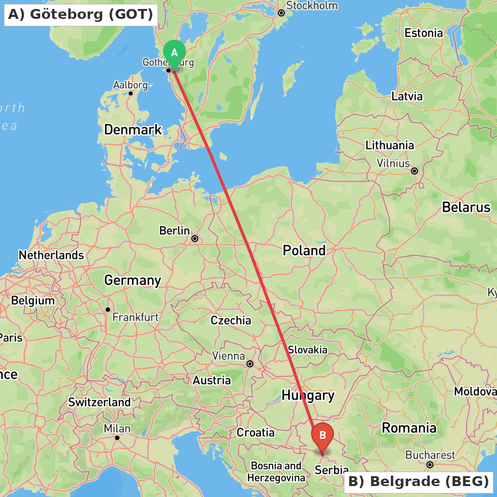 Flight route map from Göteborg to Belgrade