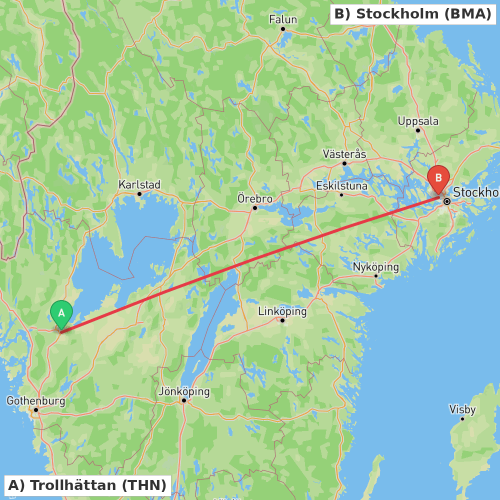 Flight route map from Trollhättan to Stockholm