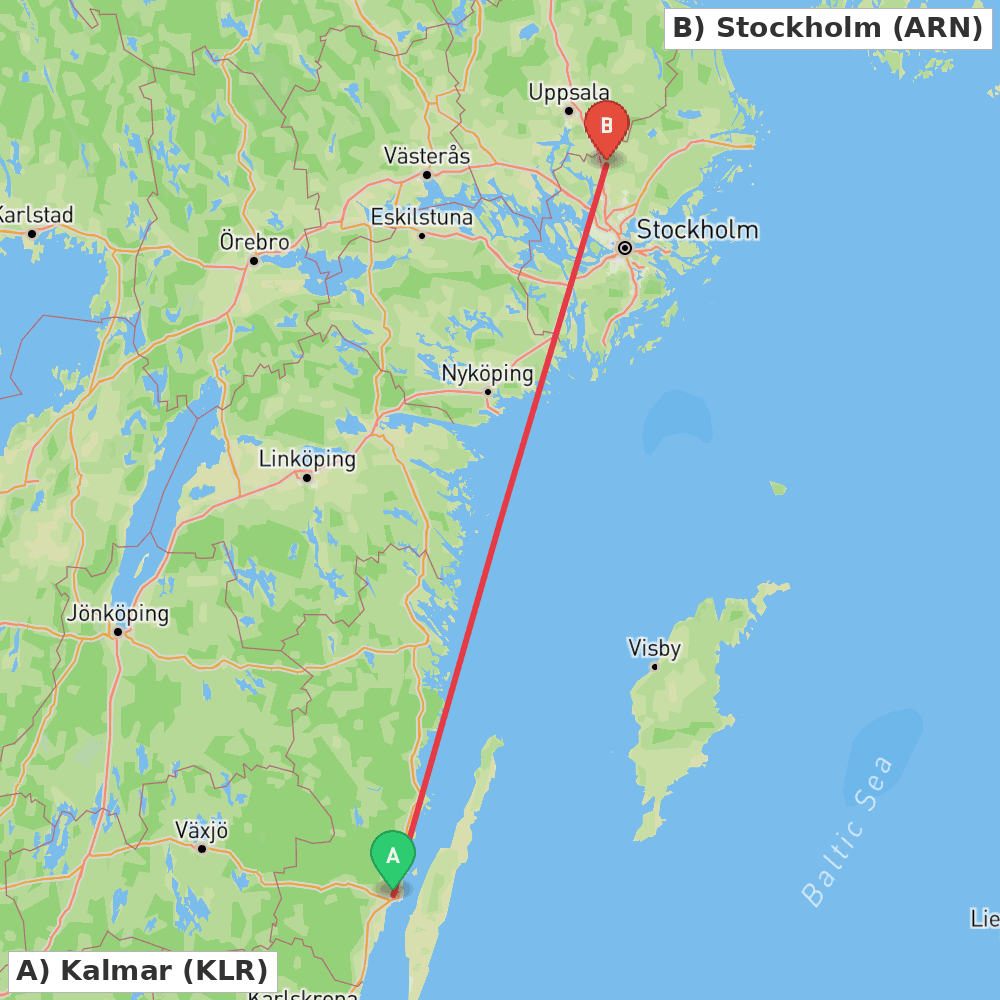 Flight route map from Kalmar to Stockholm