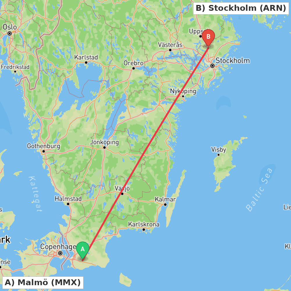 Flight route map from Malmö to Stockholm
