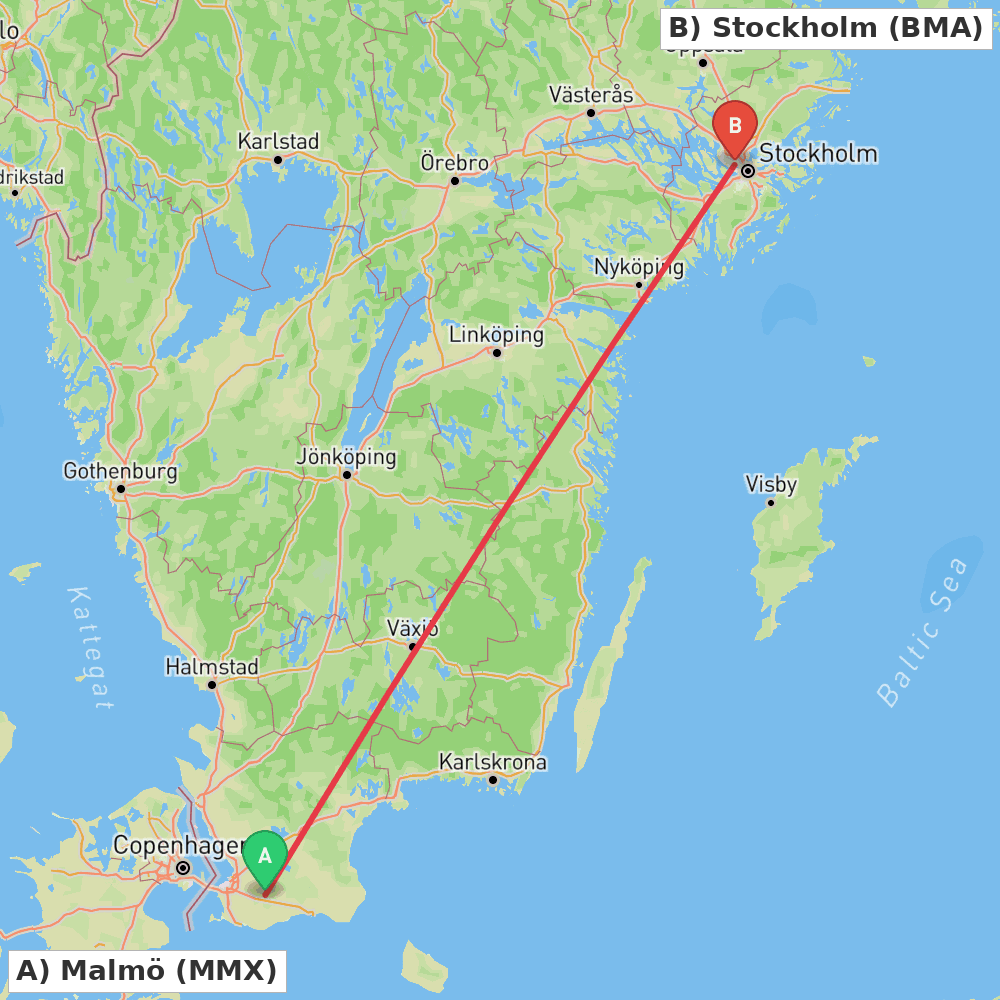 Flight route map from Malmö to Stockholm