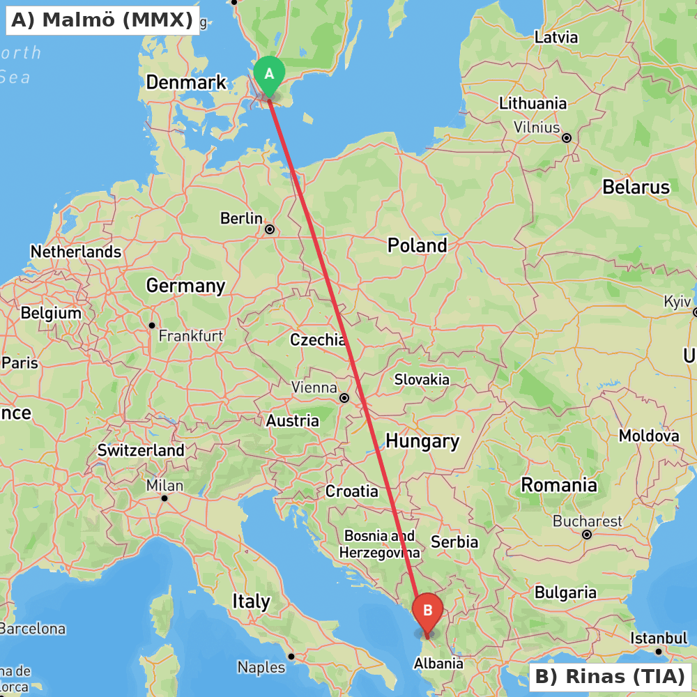 Flight route map from Malmö to Rinas