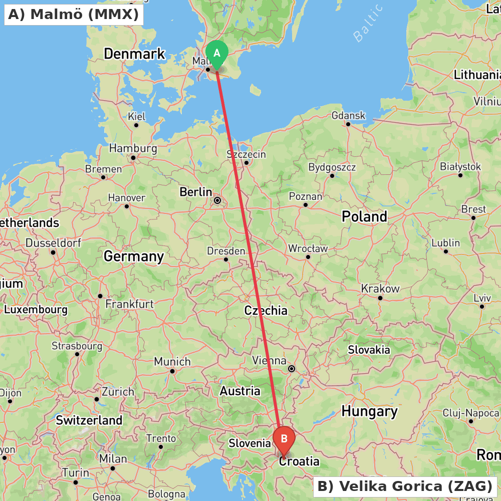 Flight route map from Malmö to Velika Gorica