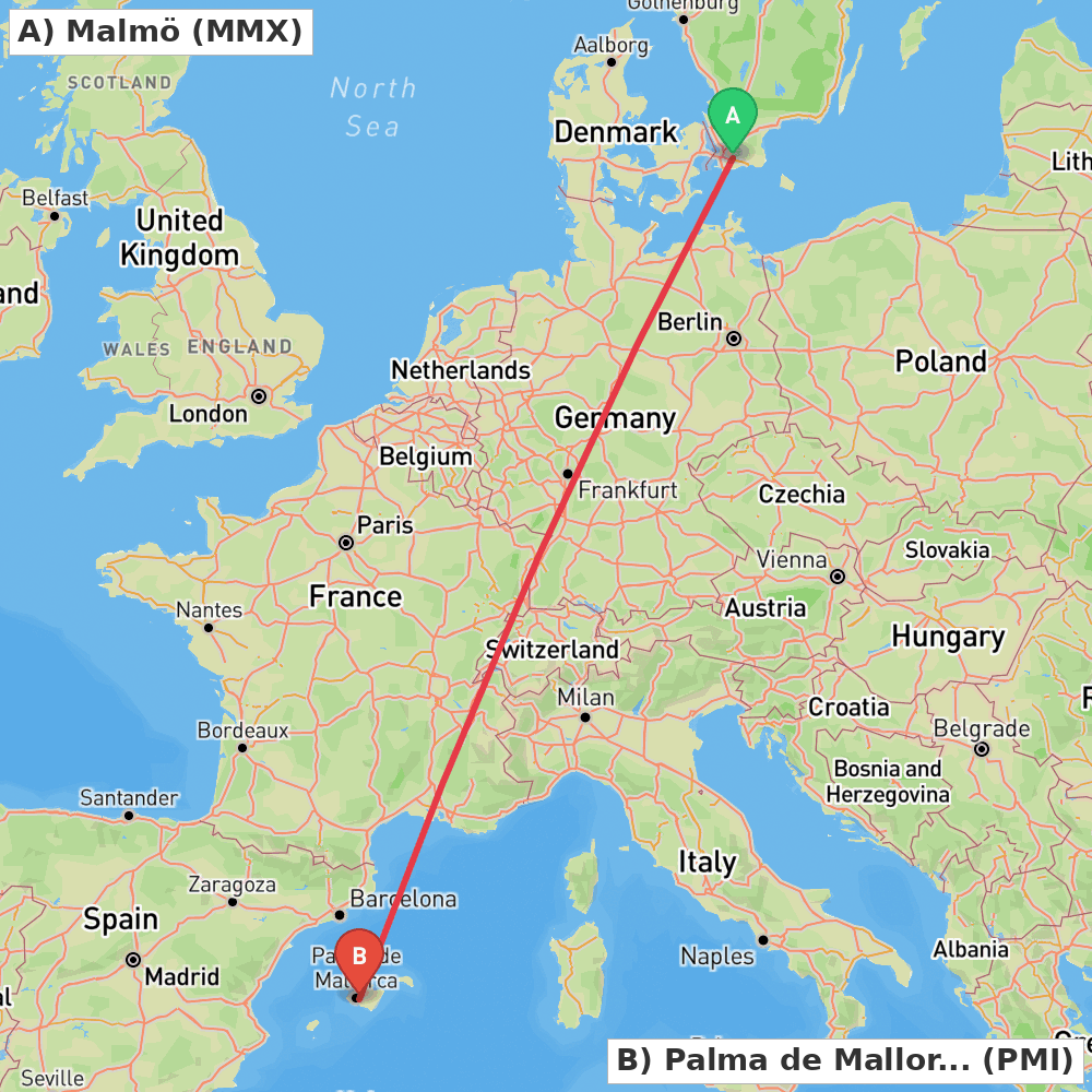 Flight route map from Malmö to Palma de Mallorca