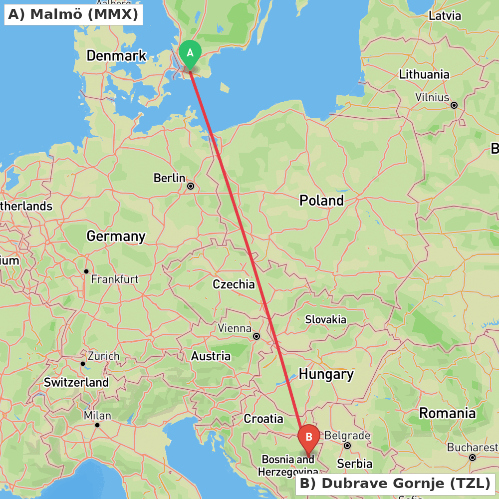 Flight route map from Malmö to Dubrave Gornje