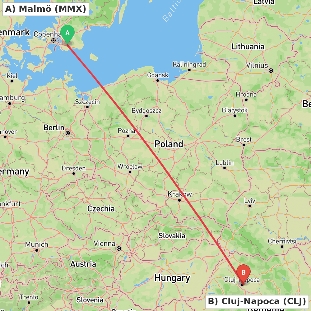 Flight route map from Malmö to Cluj-Napoca