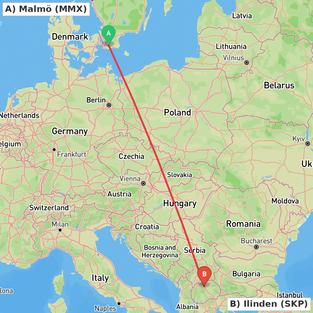 Flight route map from Malmö to Ilinden