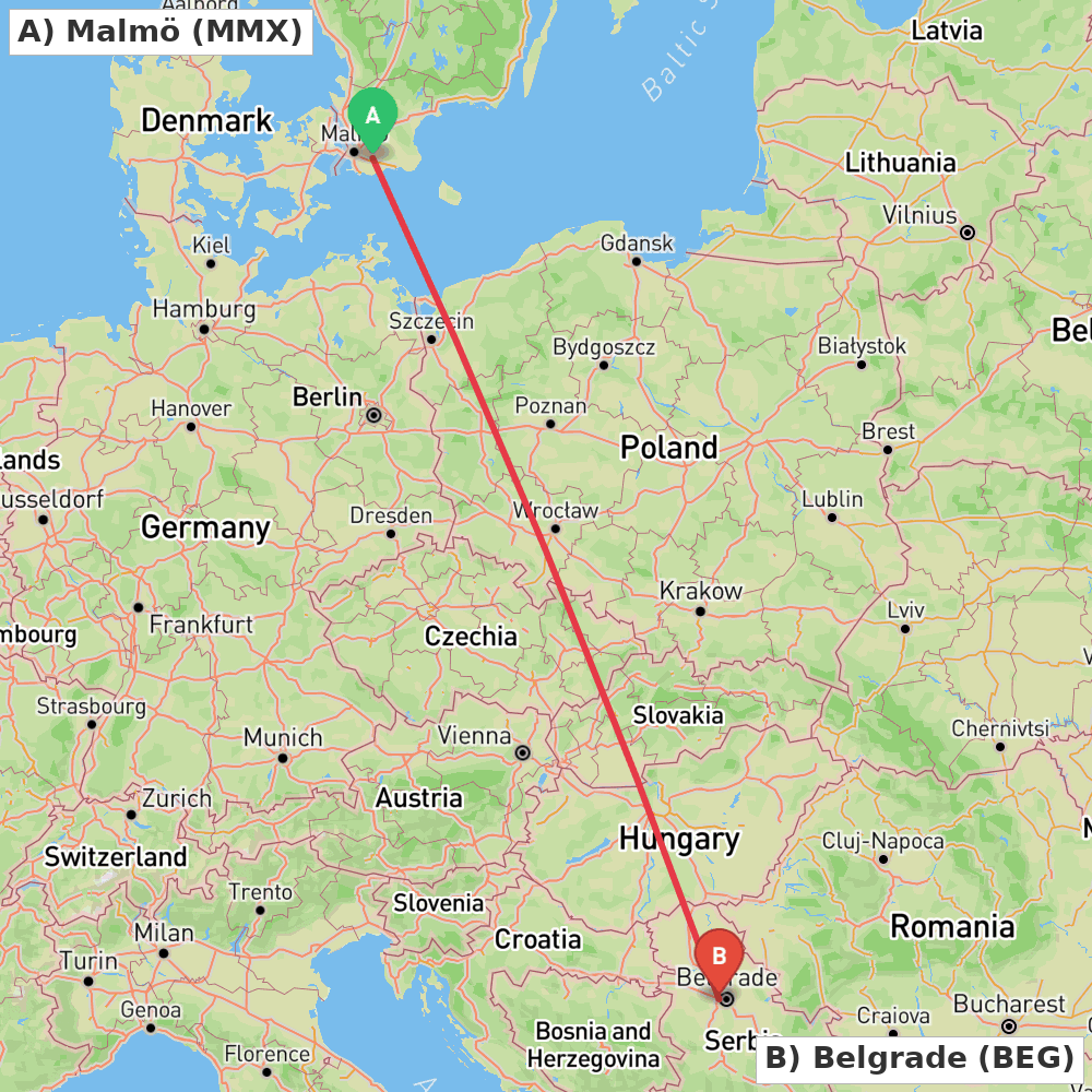 Flight route map from Malmö to Belgrade