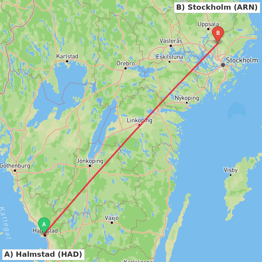 Flight route map from Halmstad to Stockholm