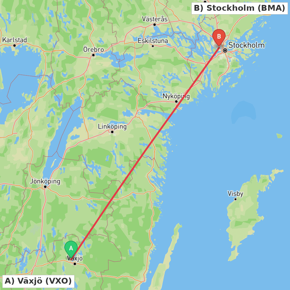 Flight route map from Växjö to Stockholm