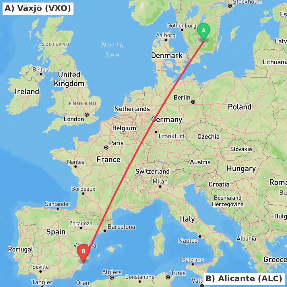 Flight route map from Växjö to Alicante