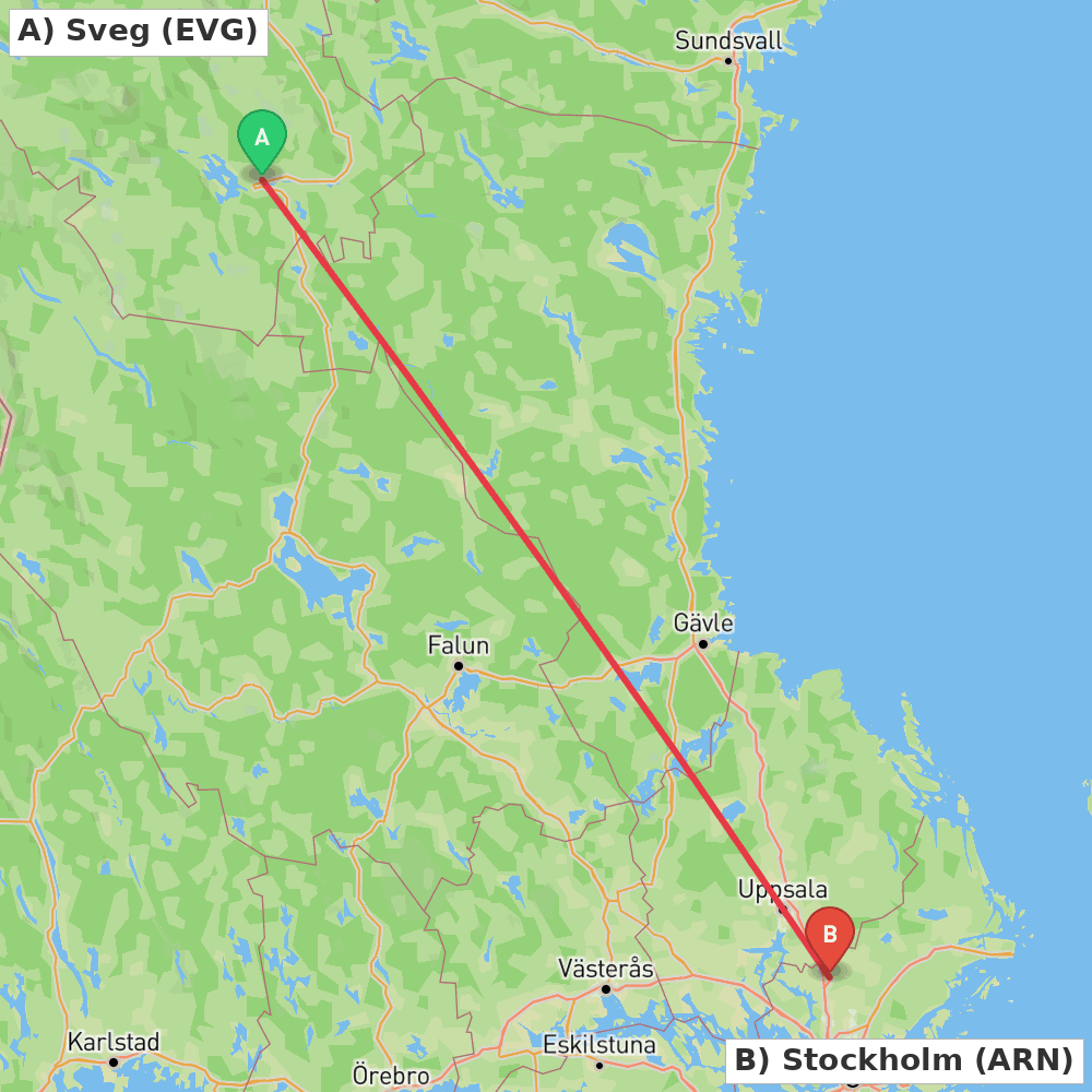 Flight route map from Sveg to Stockholm