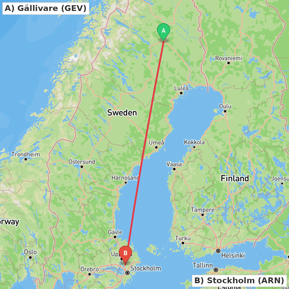 Flight route map from Gällivare to Stockholm