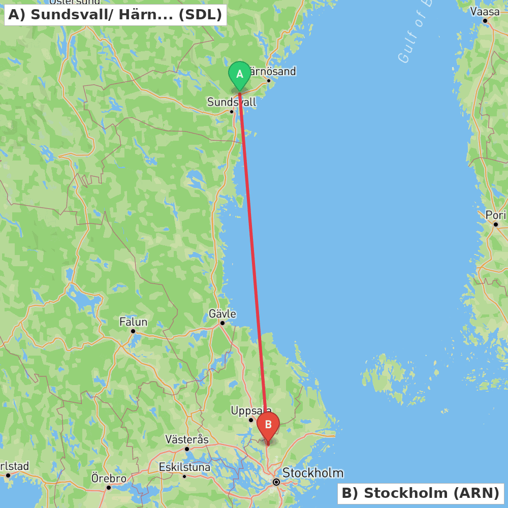 Flight route map from Sundsvall/ Härnösand to Stockholm
