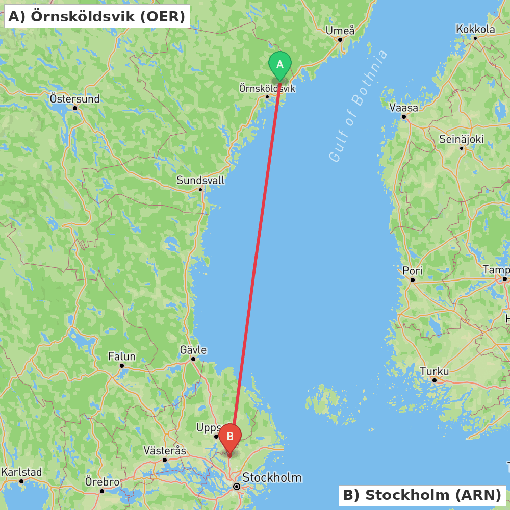 Flight route map from Örnsköldsvik to Stockholm